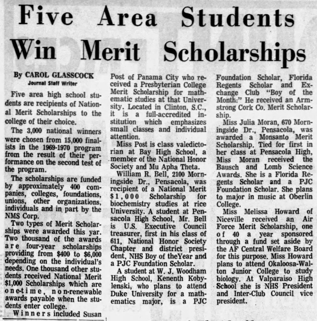 Five Area Students Win Merit Scholarships – W. J. Woodham 1970